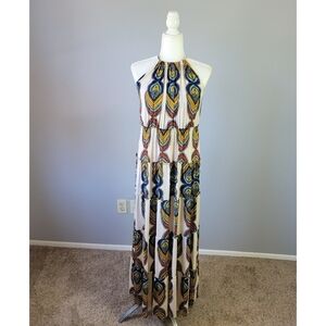 T-BAGS // ltd ed peacock feather print high neck tiered halter style maxi dress